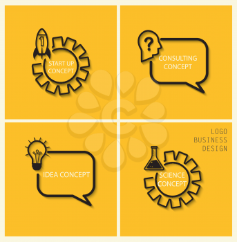 Vector startup, idea, consulting, sciens concepts in flat style - signs and banner. Gray stylish linear icons with shadow on dark yellow background, vector.