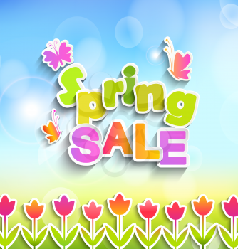 Inscription Spring sale on the background paper with butterfly and flowers and spring bokeh background. Vector.