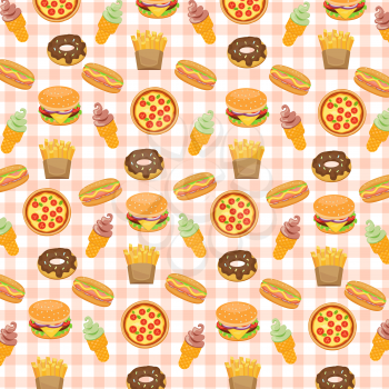 Fast food background with doughnut and hotdog, ice cream and burger, fries and pizza, vector illustration.