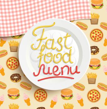 Plate with an inscription of Fast food menu with doughnut, hotdog, ice cream, burger, fries, pizza, vector illustration.