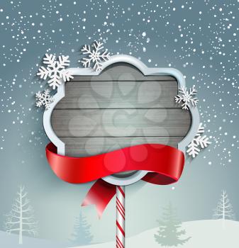 Winter background with vintage frame and ribbon, vector.