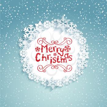 Circular frame with snowflakes with shadow and lettering merry Christmas. Snowy background. Vector illustration.