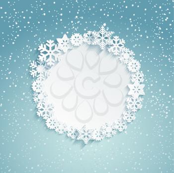 Circular Christmas frame with snowflakes - template for message. Snowy background. Vector illustration.