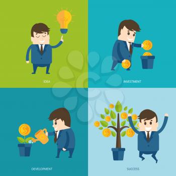 Businessman with light bulb idea, plants coins, grows money tree. Vector crowdfunding concept in flat style - new business model, start up, vector illustration.