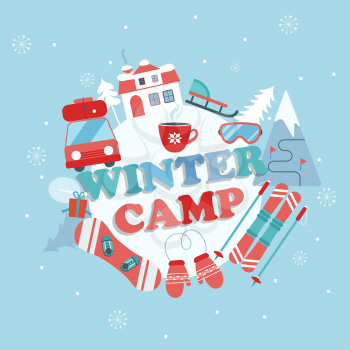 Christmas Holiday and Travel themed Camp poster in flat style , Winter camp banner vector illustration.