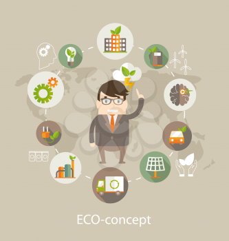Eco concept. Globe with earth, nature, green, recycling, bicycle, car and home icon with scientists from eco ideas of saving the planet . Vector illustration.