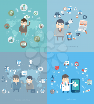 Flat design vector concepts for business consulting, medical care, digital marketing, ecology.