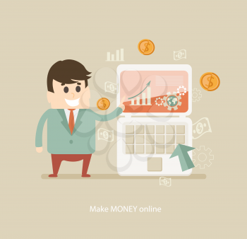 Flat vector make money concept with man, financial icons and dollar symbols, vector.