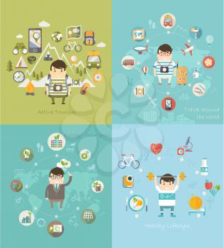 Modern vector illustration icons set in flat style of traveling, planning vacation, natural resources, ecology, healthy lifestyle.