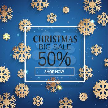 Christmas sale. Christmas abstract background with gold snowflakes. Vector illustration banner.
