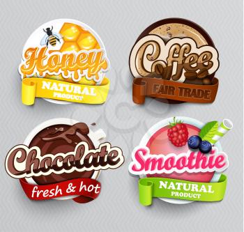 Set of stickers for drinks chocolate, coffee, smoothie and honey. Vector.