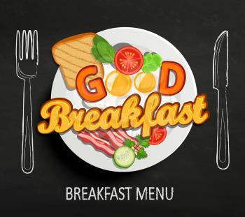 Good Breakfast lettering and hand drawn outline watercolor pan, fork and knife on textured black board background. Vector design for breakfast menu, cafe, restaurant.