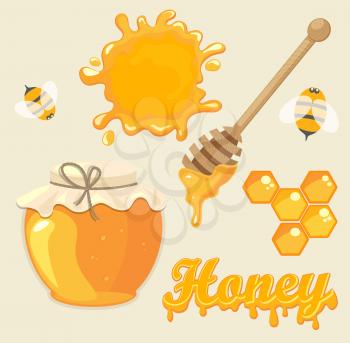 Vector illustration set of jars with honey, honeycomb, lettering and bees. Natural healthy food production.