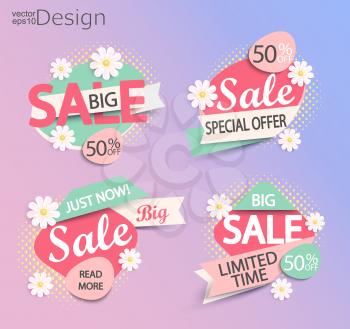 Sale - set of fashion color modern labels with halftone background and flowers. Sale and discounts. Vector illustration.