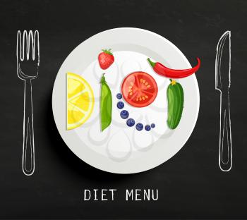 The concept of diet, nutrition, healthy lifestyles - a plate with the word diet with fruits, vegetables, berries on the chalkboard. Vector design for diet menu, cafe, restaurant.