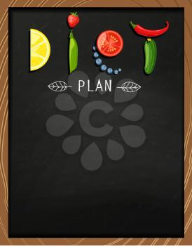 The concept of diet, nutrition, healthy lifestyles - a plate with the word diet with fruits, vegetables, berries on the chalkboard. Vector design for diet menu.