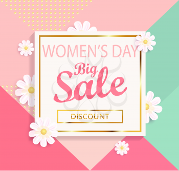 Women's day big sale geometric background with beautiful flower. Vector illustration template, card, banners and wallpaper, flyers, invitation, posters, brochure, voucher discount.