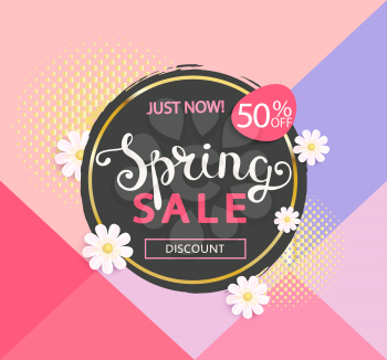 The circle spring sale logo with daisies vector illustration. 