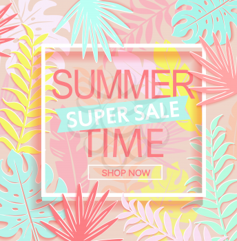 Summer time super sale banner on tropical background.