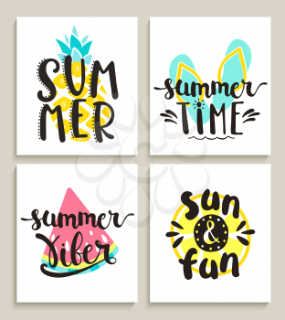 Four bright summer cards on white background with watermelon, lemon, pineapple and slippers. Fun quote design logo or label. Vector illustration.