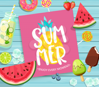 Summer lettering on blue wooden background with pineapple, watermelon, detox, ice, donut, ice cream, lime and candy. Vector Illustration.