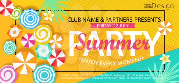 Summer party banner with sun umbrellas on background. Vector illustration template and banners, wallpaper, flyers, invitation, posters, brochure, voucher discount.