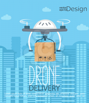 Concept of the delivery by the drone on the city background. Vector illustration.