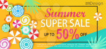 Summer super sale banner with sun umbrellas on background. Vector illustration template and banners, wallpaper, flyers, invitation, posters, brochure, voucher discount.