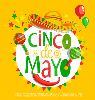 Cinco De Mayo, lettering on holiday background, poster, banner, greeting card for announcement, invitation and party.