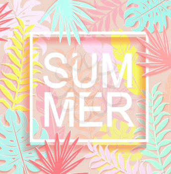 The word summer is surrounded by tropical leaves and square frame. Template for your design. Vector illustration.