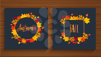 Autumn and Fall cards in frame from autumn leaves. Vector illustration.