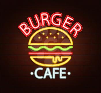 Neon sign of burger cafe, bright signboard, light banner. Burger cafe logo, emblem and symbol. Vector illustration.