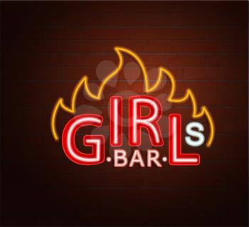 Neon sign of hot girls bar, bright signboard, light banner. Girls bar logo, emblem and symbol. Vector illustration.