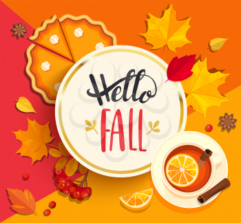 Hello Fall lettering in gold circle frame on geometric background with pupmkin pie, hot tea and autumn leaves. Vector illustration.