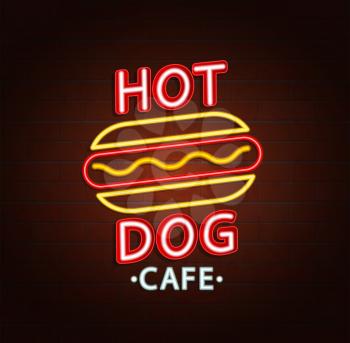 Neon sign of burger cafe, bright signboard, light banner. Burger cafe logo, emblem and symbol. Vector illustration.