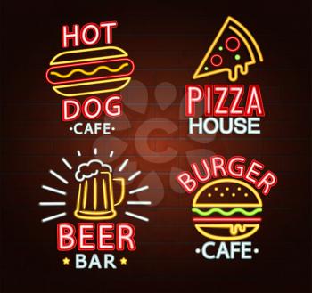Set of Neon signs of beer bar, hot dog cafe, pizza house, burger cafe bright signboard, light banner. Neons Logos, emblems and symbols. Vector illustration.