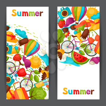 Banners with stylized summer objects. Design for cards, covers, brochures and advertising booklets.