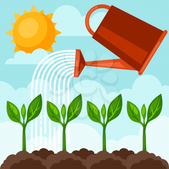 Illustration of watering plants from can. Image for advertising booklets, banners, flayers and articles.