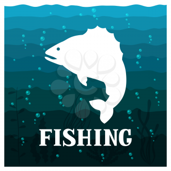 Fishing illustration with fish. Design for cards, covers, brochures and advertising booklets.