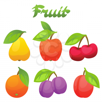 Set of stylized fresh fruits on white background.