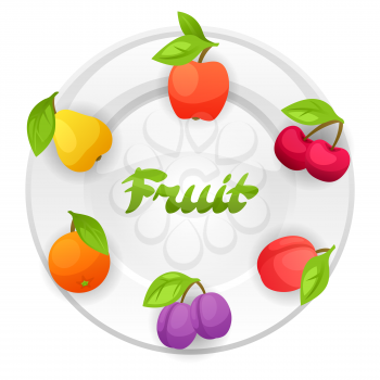 Background design with plate and stylized fresh ripe fruits.