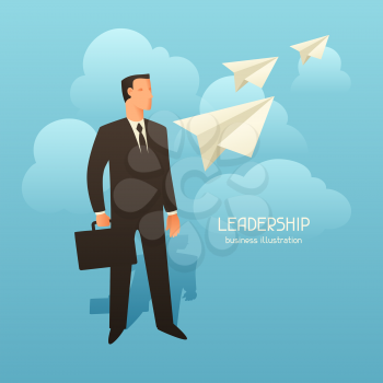 Leadership business conceptual illustration with businessman and paper planes. Image for web sites, articles, magazines.