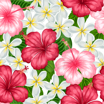 Seamless pattern with tropical flowers hibiscus and plumeria. Background made without clipping mask. Easy to use for backdrop, textile, wrapping paper.