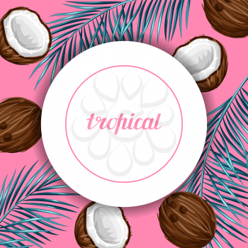 Card with coconuts. Tropical abstract frame in retro style. Image for holiday invitations, greeting cards, posters.