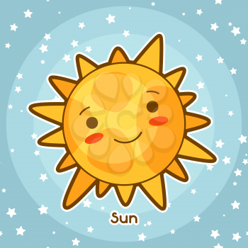 Kawaii space card. Doodle with pretty facial expression. Illustration of cartoon sun in starry sky.