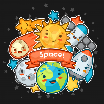 Kawaii space card. Doodles with pretty facial expression. Illustration of cartoon sun, earth, moon, rocket and celestial bodies.