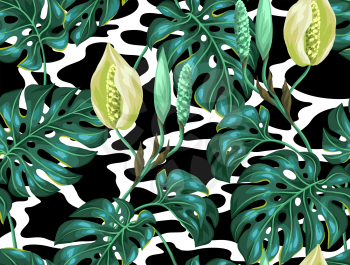 Seamless pattern with monstera leaves. Decorative image of tropical foliage and flower. Background made without clipping mask. Easy to use for backdrop, textile, wrapping paper.