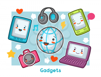 Kawaii gadgets funny card. Doodles with pretty facial expression.