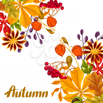 Card with autumn leaves and plants. Design for advertising booklets, banners, flayers, cards.
