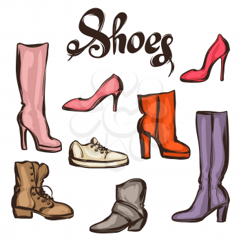 Set of various shoes. Hand drawn illustration female footwear, boots and stiletto heels.
